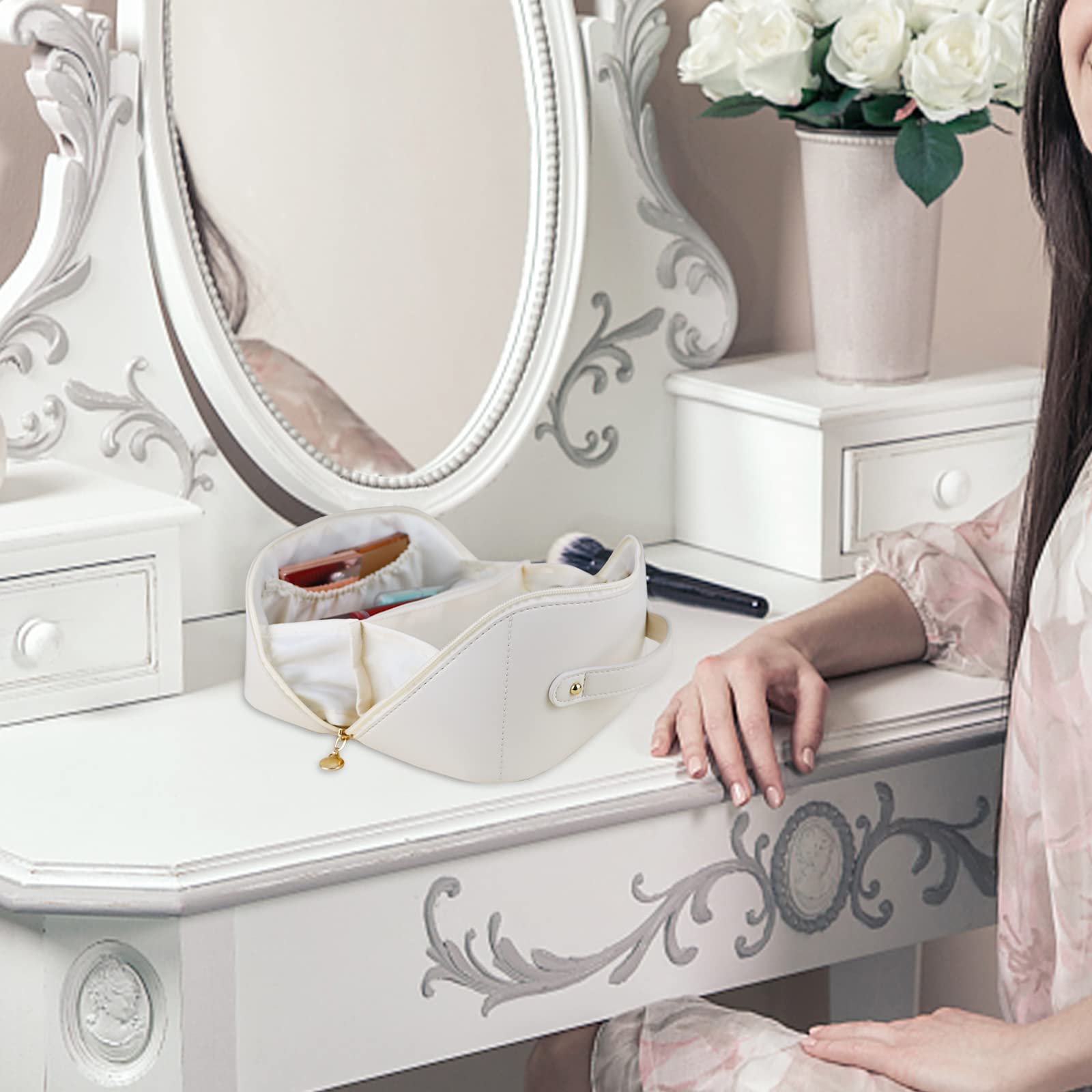 Large Travel Cosmetic Bag Portable Make up Makeup Bag Waterproof PU Leather Storage White V324-MKBAG-WH