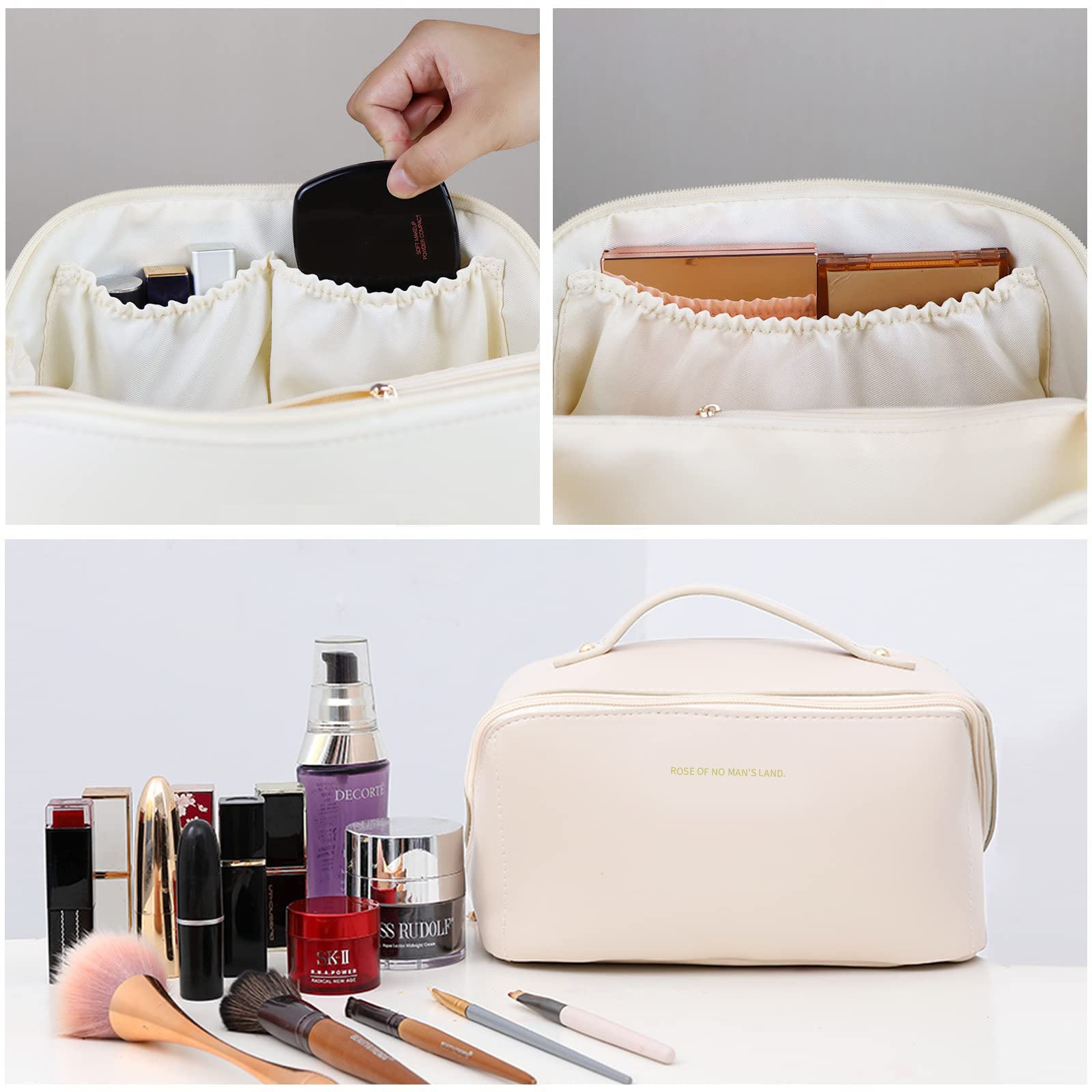 Large Travel Cosmetic Bag Portable Make up Makeup Bag Waterproof PU Leather Storage White V324-MKBAG-WH