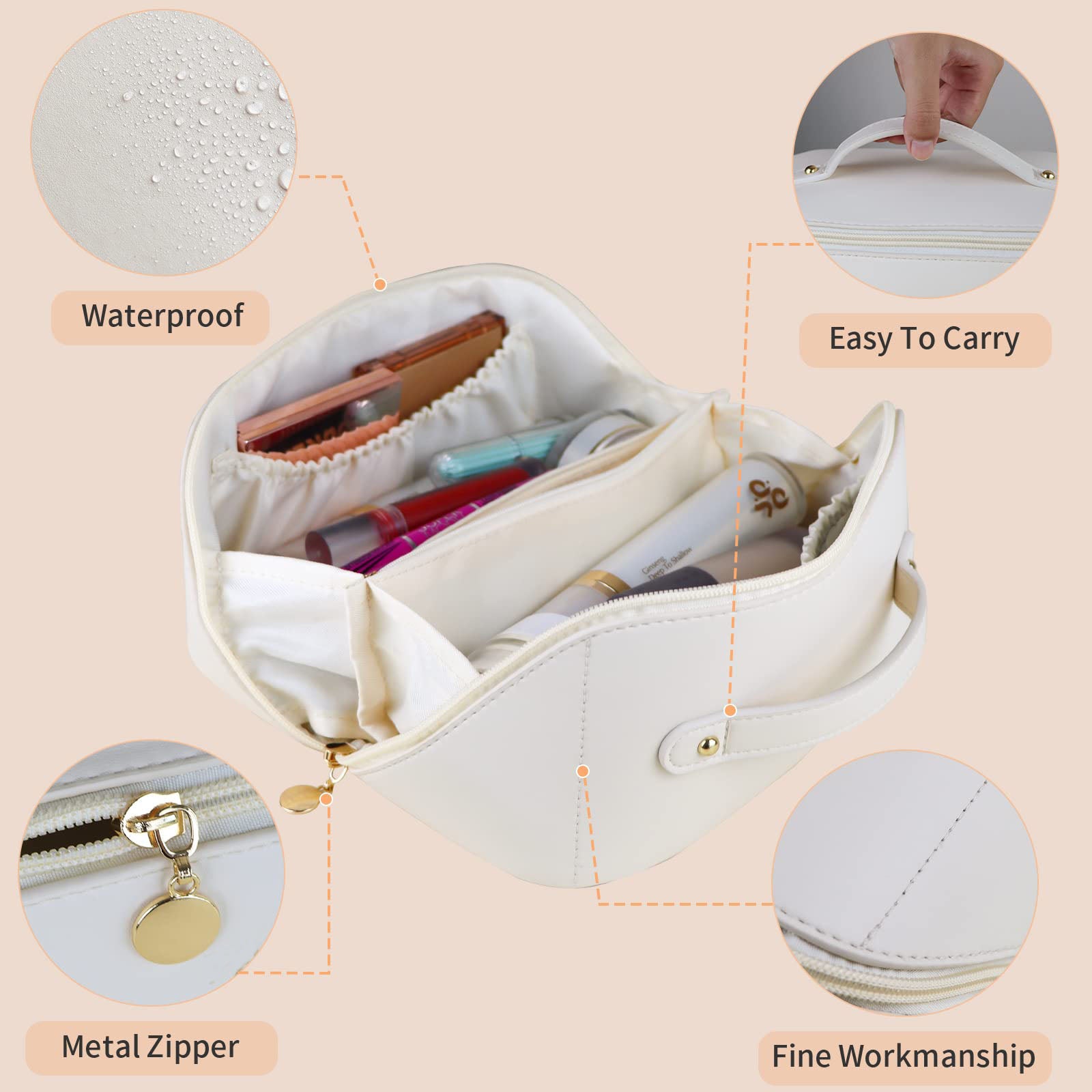 Large Travel Cosmetic Bag Portable Make up Makeup Bag Waterproof PU Leather Storage White V324-MKBAG-WH