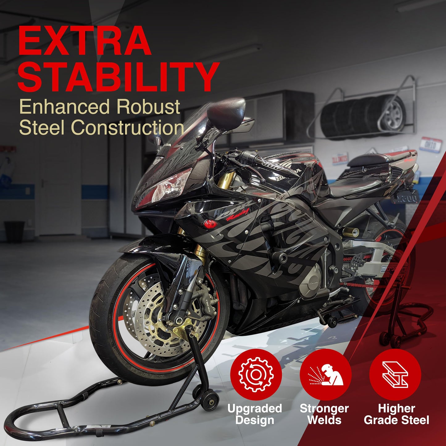 Motorcycle Universal Paddock Front & Rear Stand Lift Fork Stand Rear Wheel Swingarm Spool V324-MOTOSTANDTD061-SET