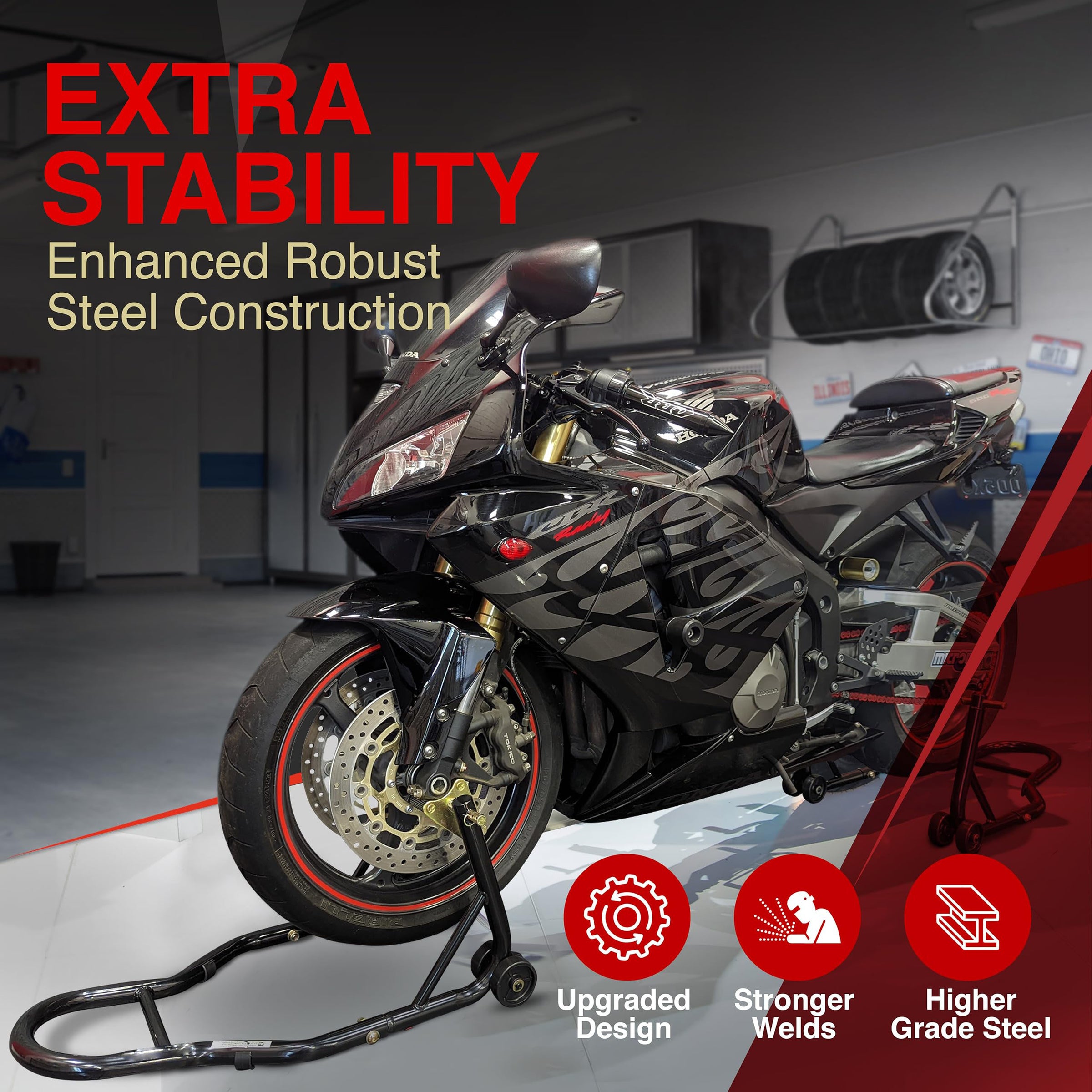 Motorcycle Universal Paddock Front & Rear Stand Lift Fork Stand Rear Wheel Swingarm Spool V324-MOTOSTANDTD061-SET