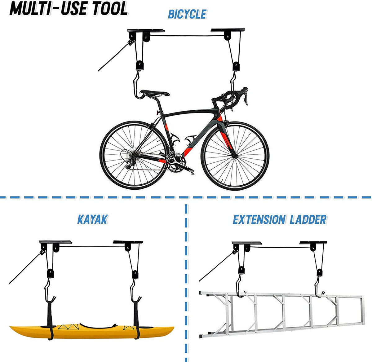 Kayak Bike Hoists Hanger Ladder Ceiling Mount 20kg Capacity Hooks Pulleys V324-PBH-1R