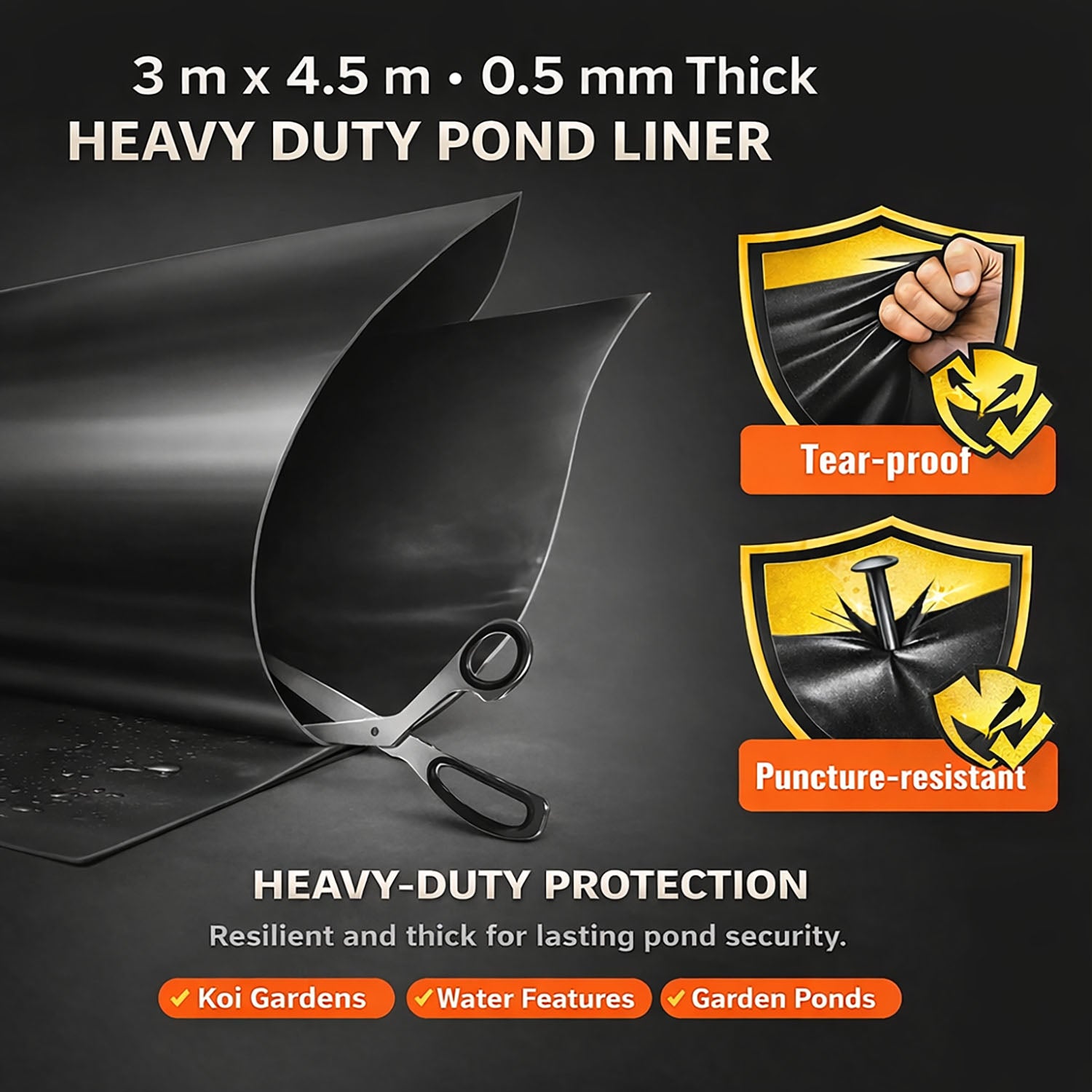 Heavy Duty 0.5mm HDPE Pond Liner Waterproof Sheet 4.5m x 3m for Garden & Fish Ponds V324-PDLINER45X3