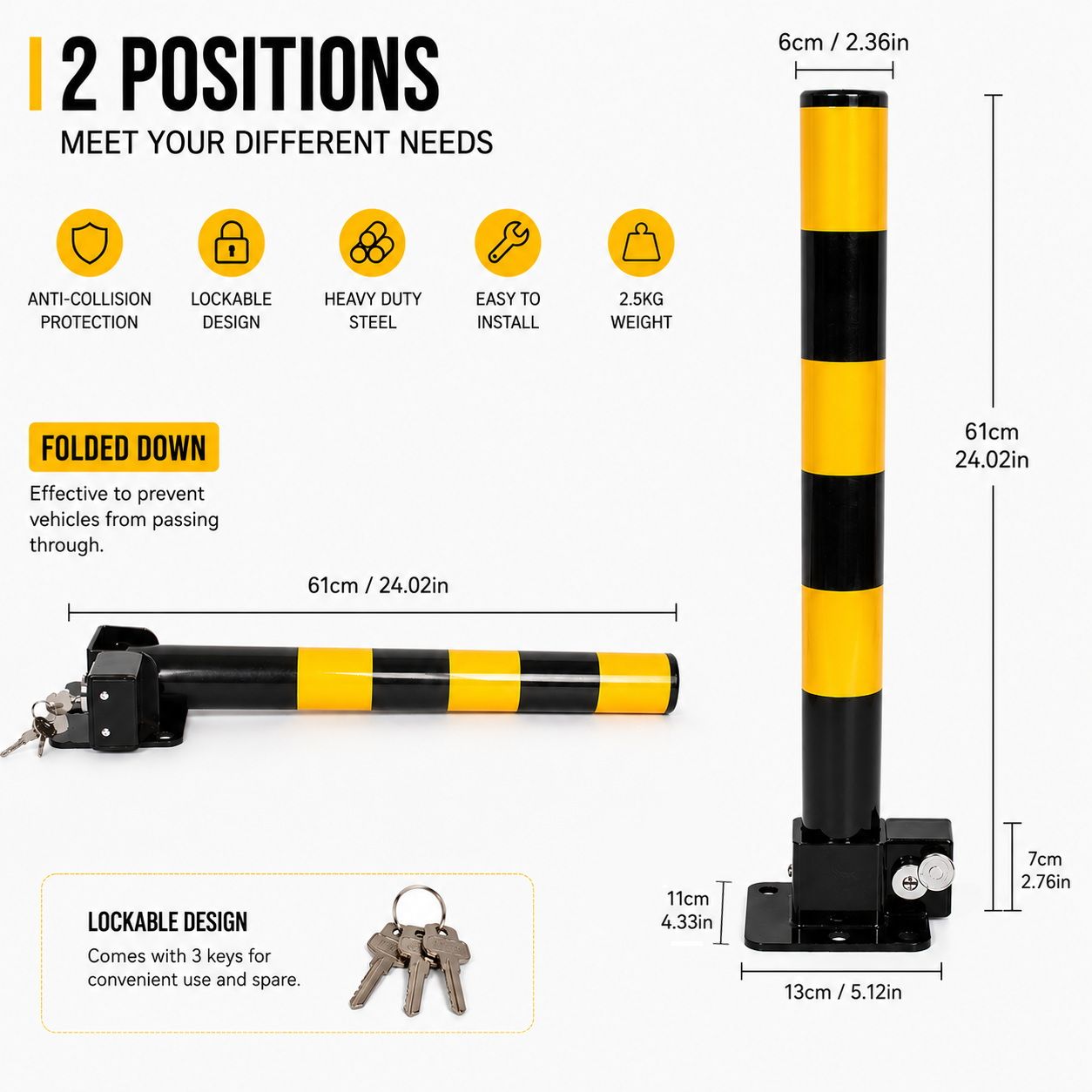 Heavy Duty Fold Down Parking Bollard Lockable Safety Post Yellow Black 61cm V324-PKBOLLARD-60CM