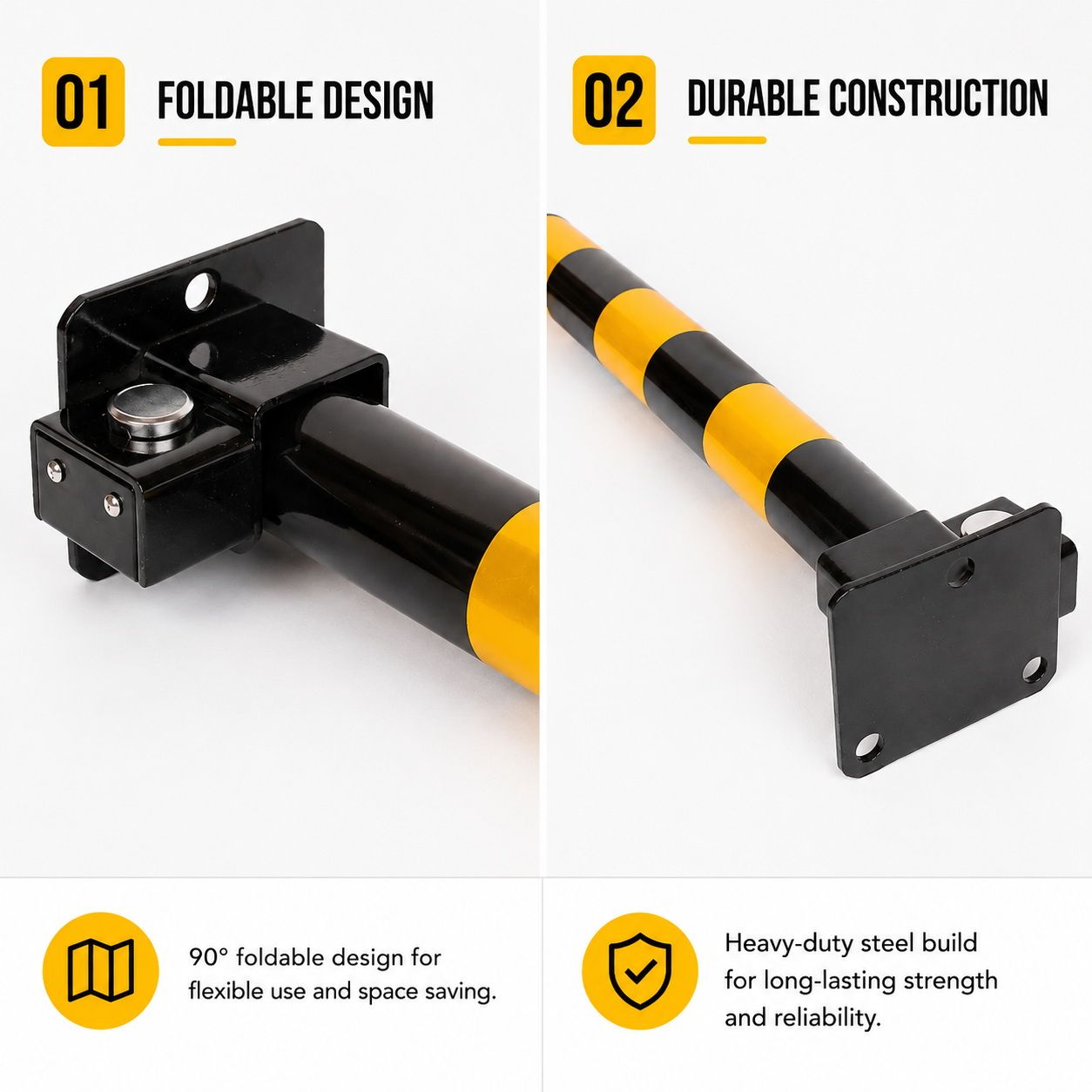 Heavy Duty Fold Down Parking Bollard Lockable Safety Post Yellow Black 61cm V324-PKBOLLARD-60CM