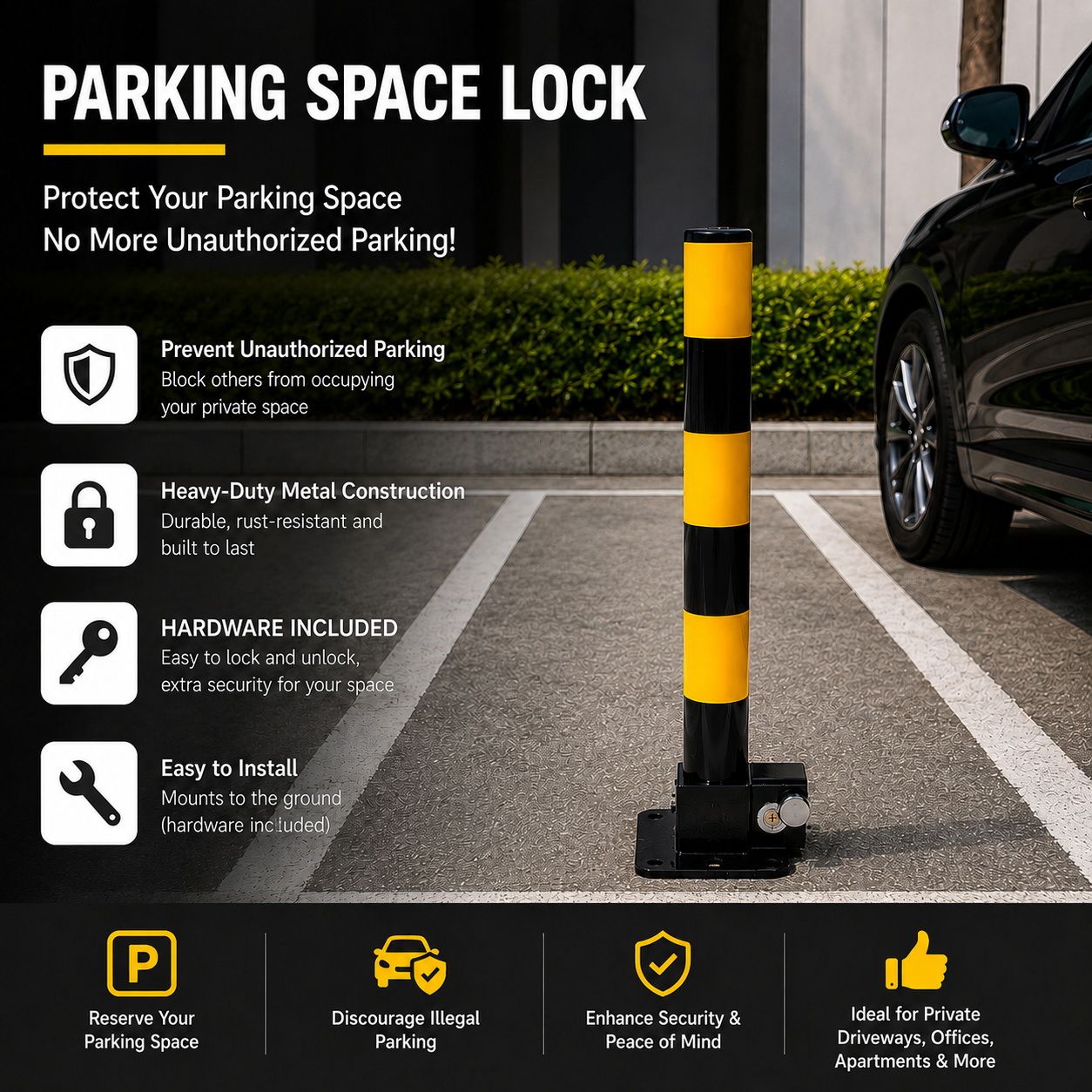 Heavy Duty Fold Down Parking Bollard Lockable Safety Post Yellow Black 61cm V324-PKBOLLARD-60CM