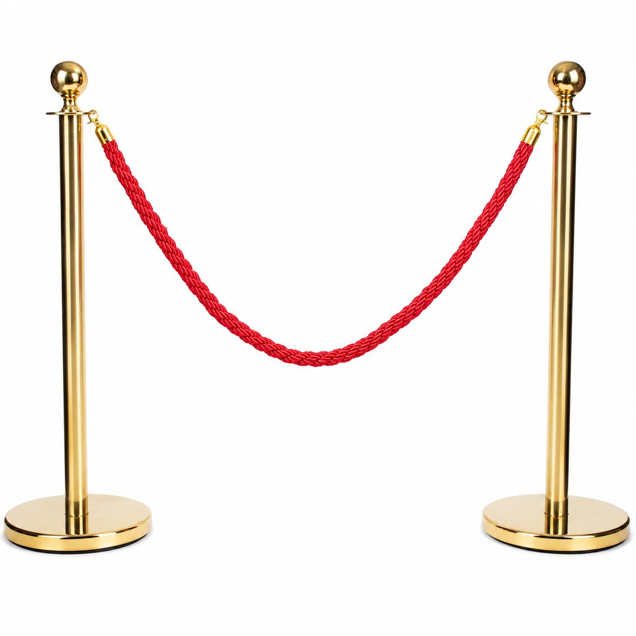 Gold Queue Barrier Stanchion Set of 2 with Red Velvet Rope Crowd Control Bollards V324-RBAR-GOLD-RED-90