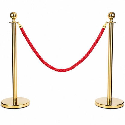 Gold Queue Barrier Stanchion Set of 2 with Red Velvet Rope Crowd Control Bollards V324-RBAR-GOLD-RED-90
