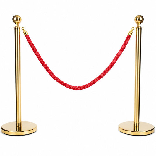 Gold Queue Barrier Stanchion Set of 2 with Red Velvet Rope Crowd Control Bollards V324-RBAR-GOLD-RED-90