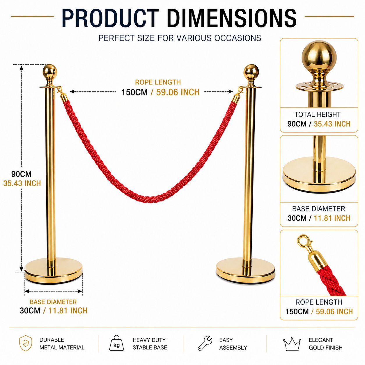 Gold Queue Barrier Stanchion Set of 2 with Red Velvet Rope Crowd Control Bollards V324-RBAR-GOLD-RED-90