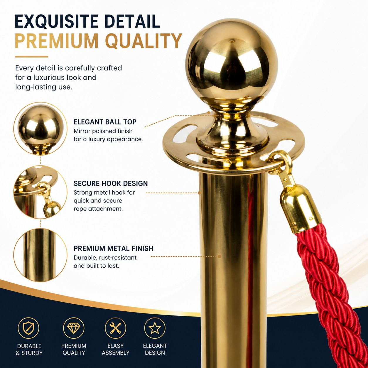 Gold Queue Barrier Stanchion Set of 2 with Red Velvet Rope Crowd Control Bollards V324-RBAR-GOLD-RED-90