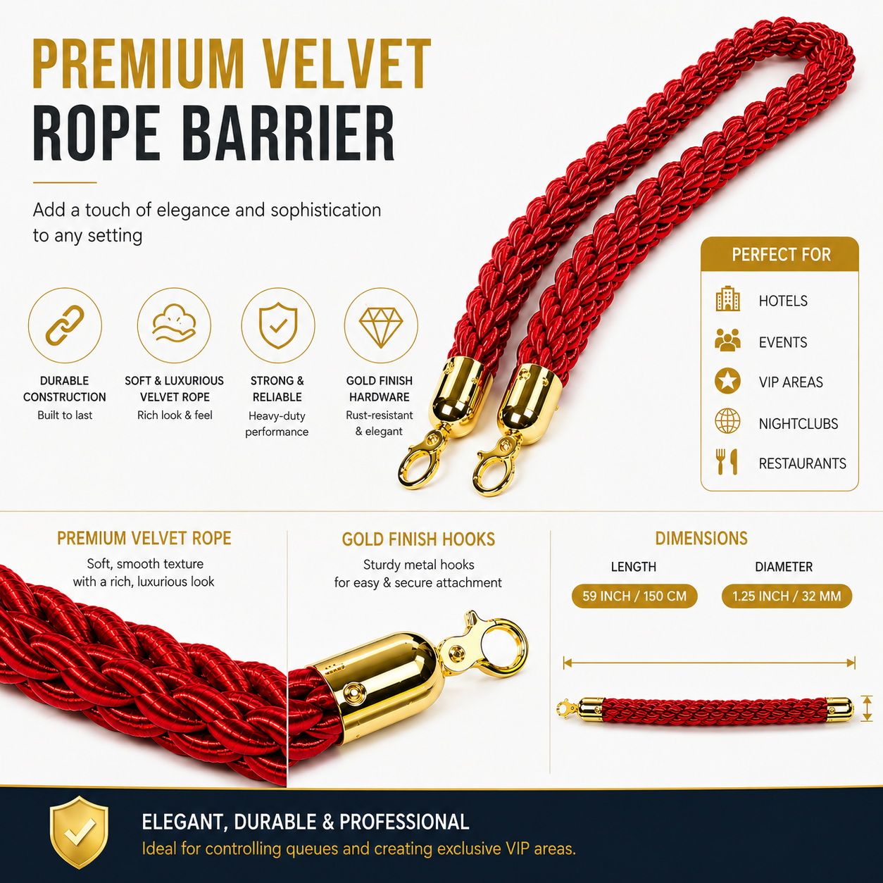 Gold Queue Barrier Stanchion Set of 2 with Red Velvet Rope Crowd Control Bollards V324-RBAR-GOLD-RED-90