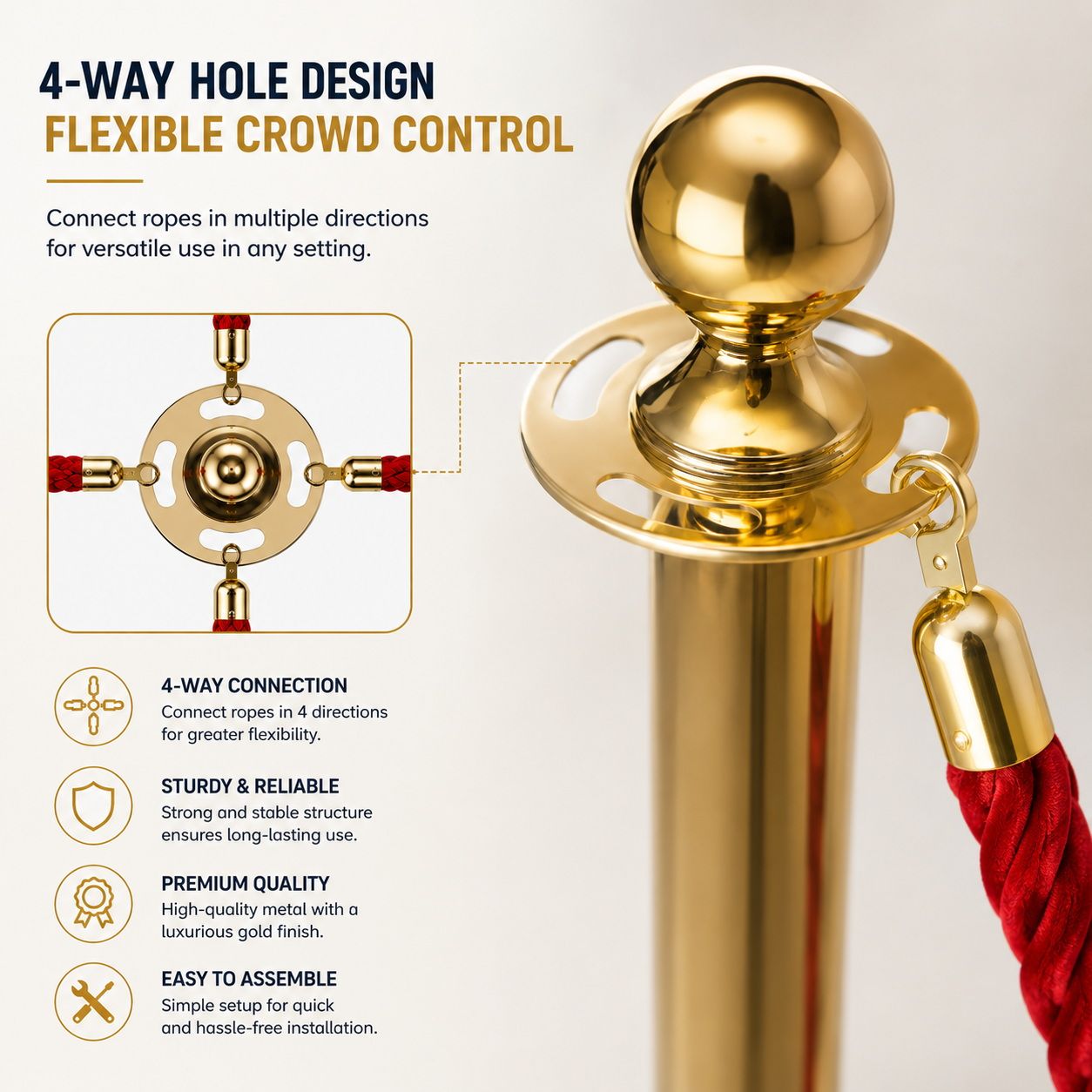 Gold Queue Barrier Stanchion Set of 2 with Red Velvet Rope Crowd Control Bollards V324-RBAR-GOLD-RED-90