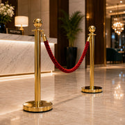 Gold Queue Barrier Stanchion Set of 2 with Red Velvet Rope Crowd Control Bollards V324-RBAR-GOLD-RED-90