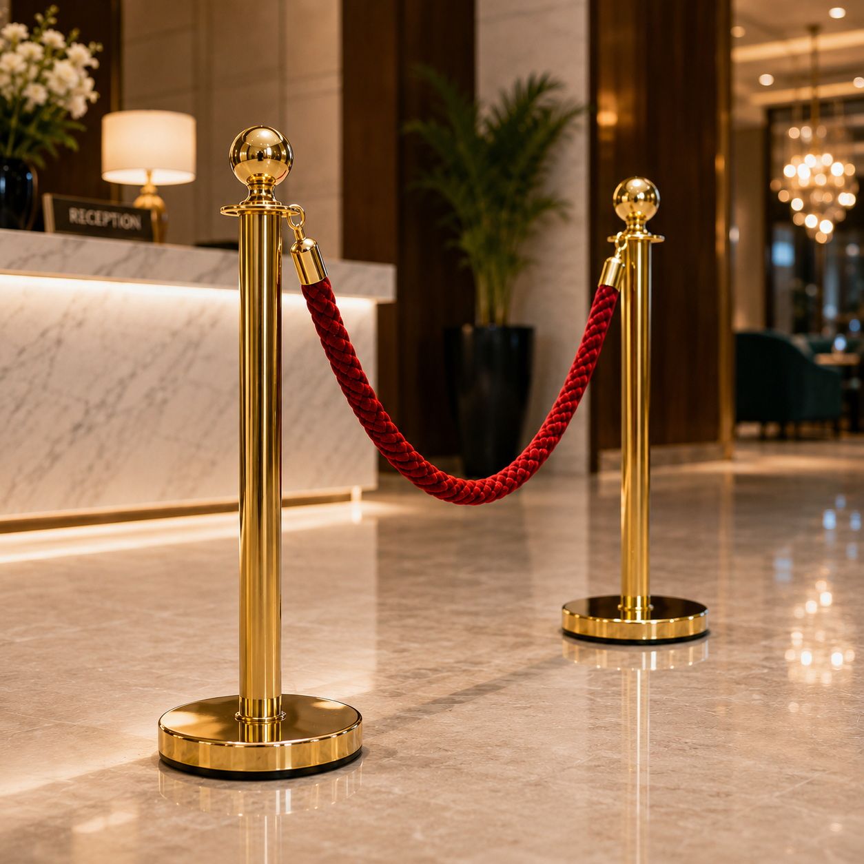 Gold Queue Barrier Stanchion Set of 2 with Red Velvet Rope Crowd Control Bollards V324-RBAR-GOLD-RED-90