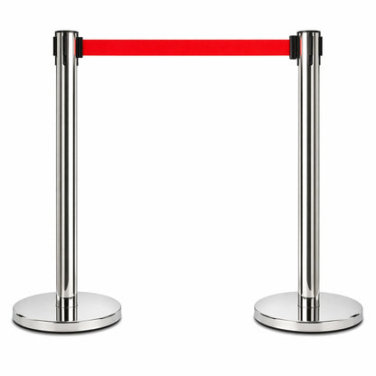 2 Pack Queue Barrier Stanchion Posts Retractable Belt Crowd Control Safety Barrier Silver Red V324-RBB-SLV-RD-90