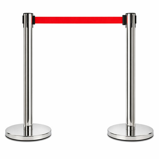 2 Pack Queue Barrier Stanchion Posts Retractable Belt Crowd Control Safety Barrier Silver Red V324-RBB-SLV-RD-90