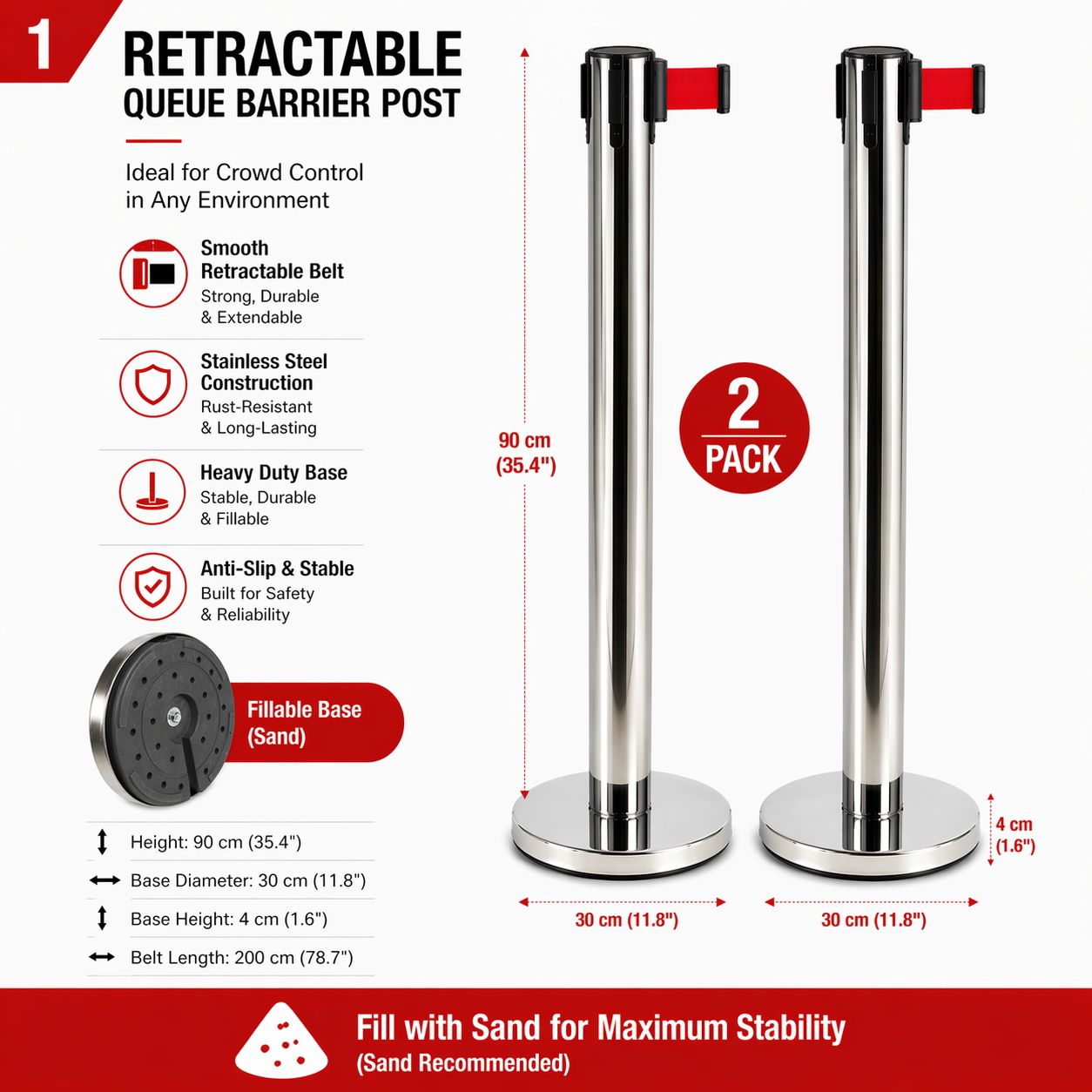 2 Pack Queue Barrier Stanchion Posts Retractable Belt Crowd Control Safety Barrier Silver Red V324-RBB-SLV-RD-90