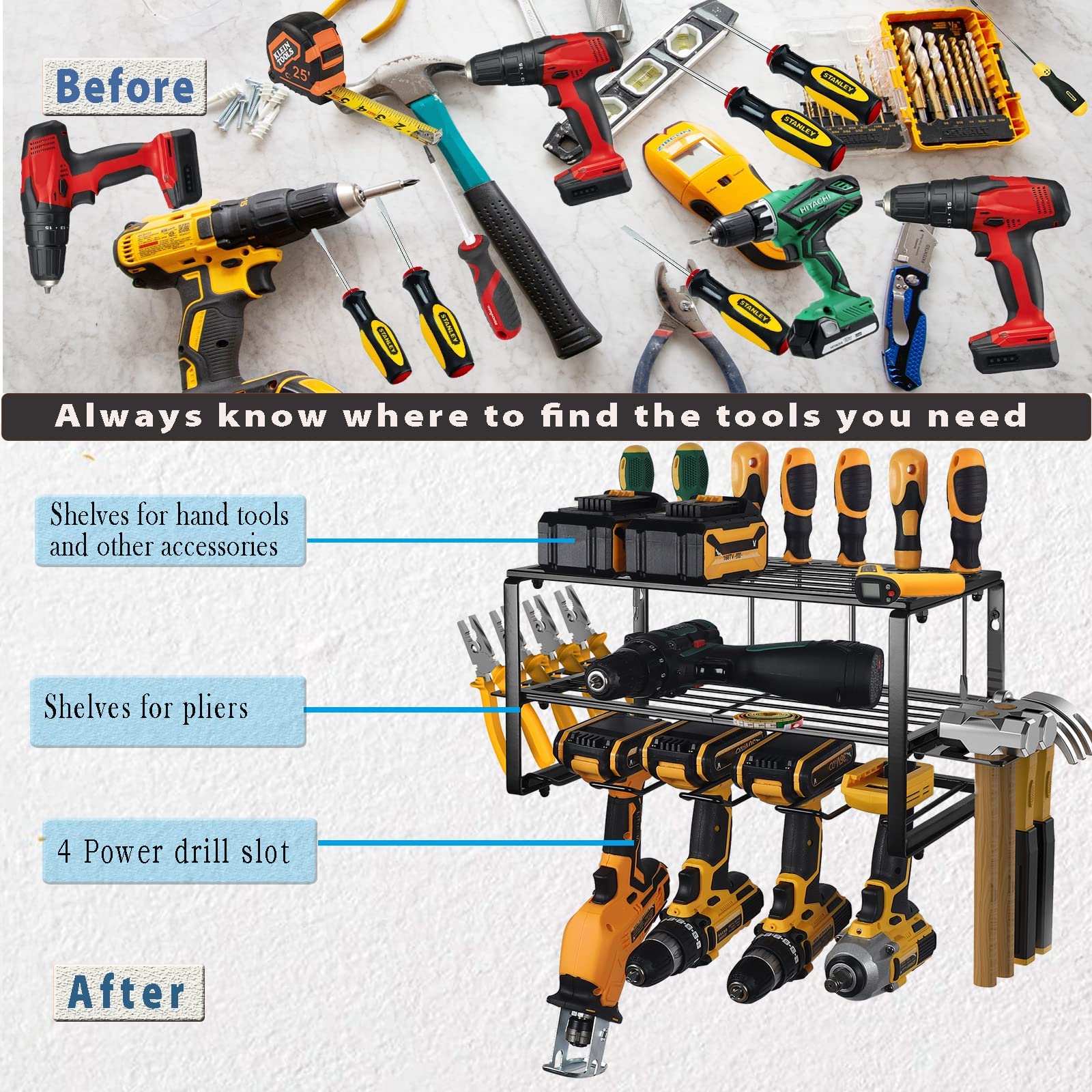 40cm Power Tool Organizer 4 Layers Garage Tool Storage Rack Workshop Tool Shelf Drill Pliers Hammer Rack V324-TOOSTO-40CM