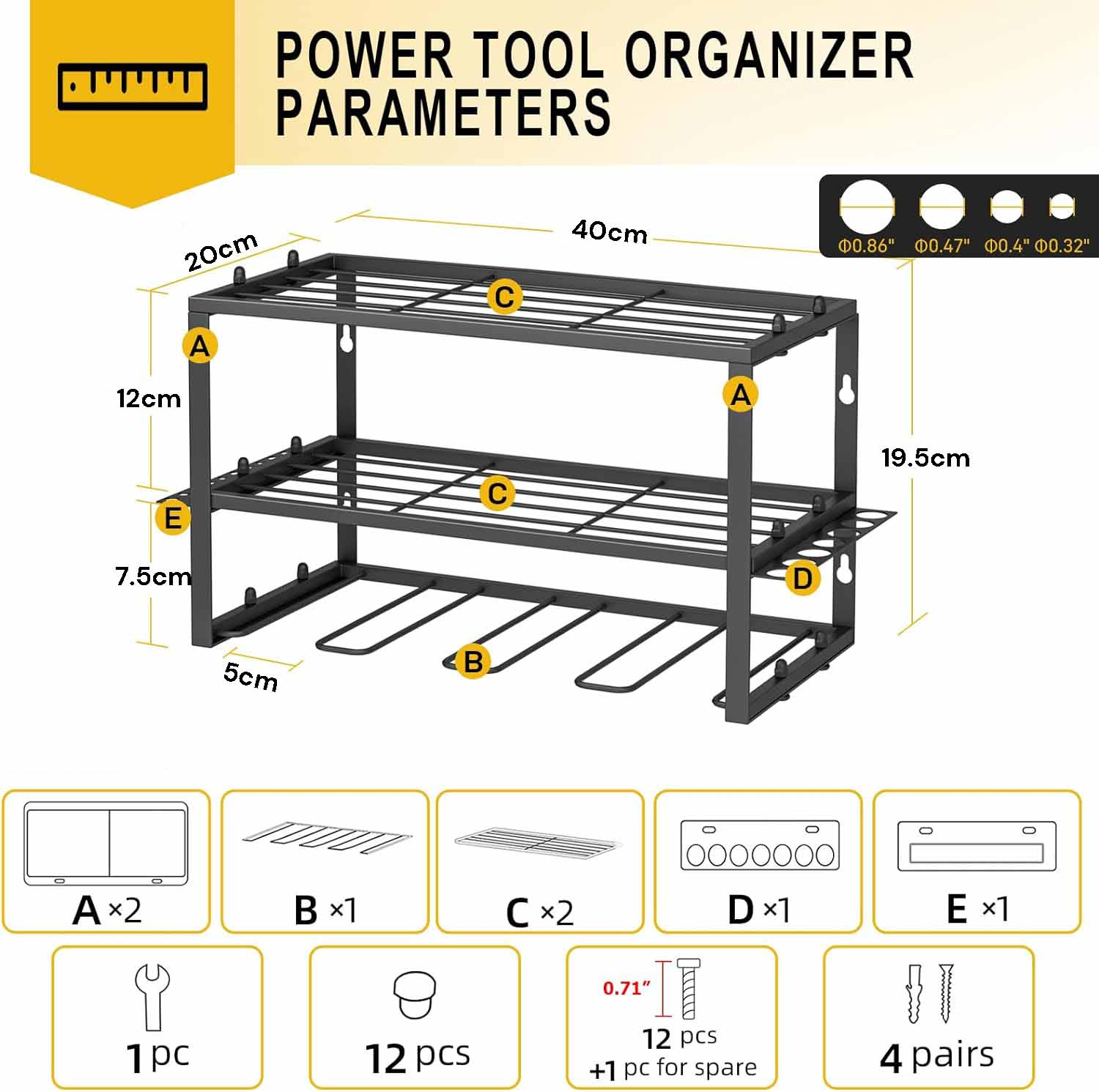 40cm Power Tool Organizer 4 Layers Garage Tool Storage Rack Workshop Tool Shelf Drill Pliers Hammer Rack V324-TOOSTO-40CM