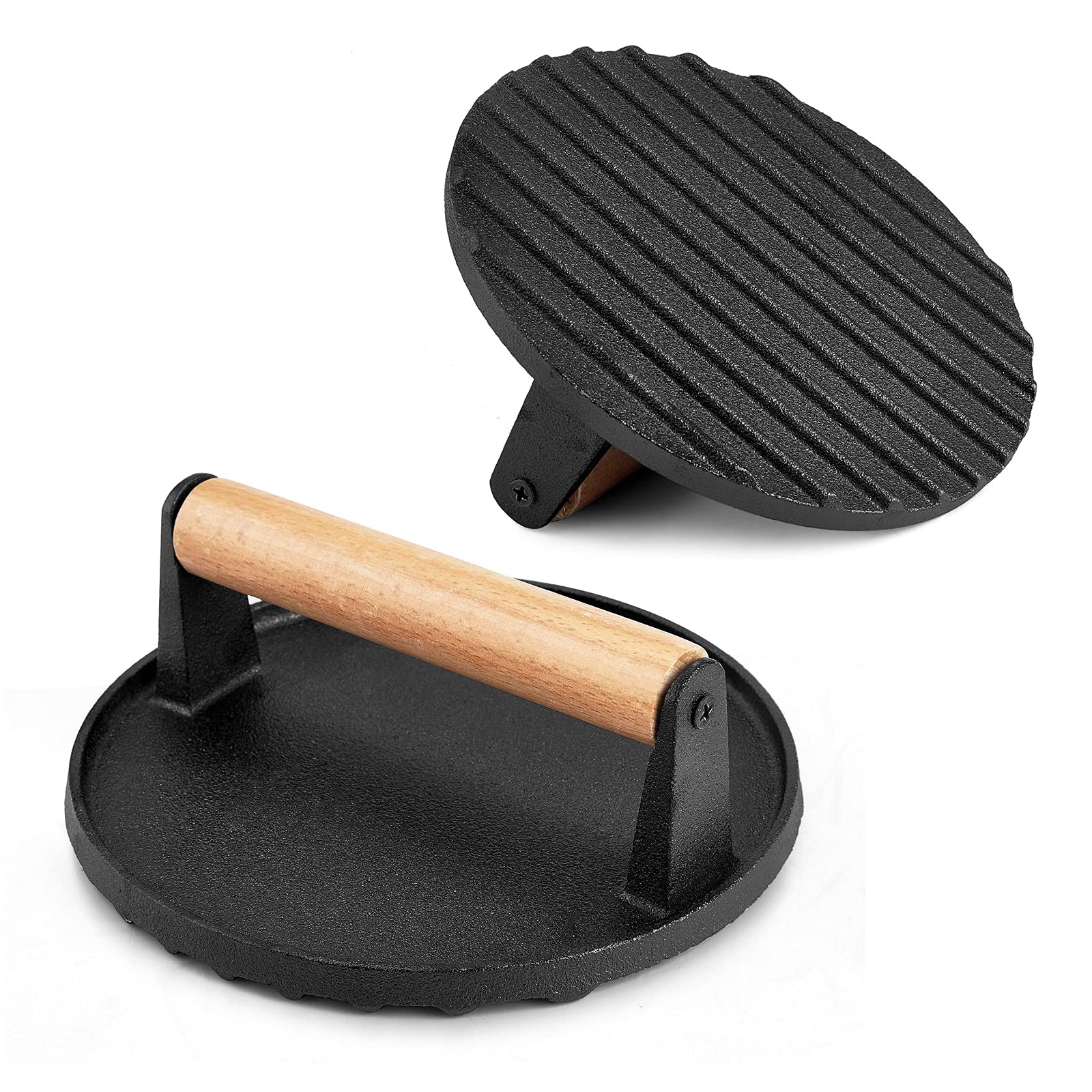 Heavy Duty Round Cast Iron Grill Burger Press Pre-Seasoned Steak Griddle BBQ Grilling V324-TSD-BBPRESRD