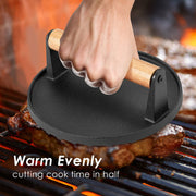 Heavy Duty Round Cast Iron Grill Burger Press Pre-Seasoned Steak Griddle BBQ Grilling V324-TSD-BBPRESRD