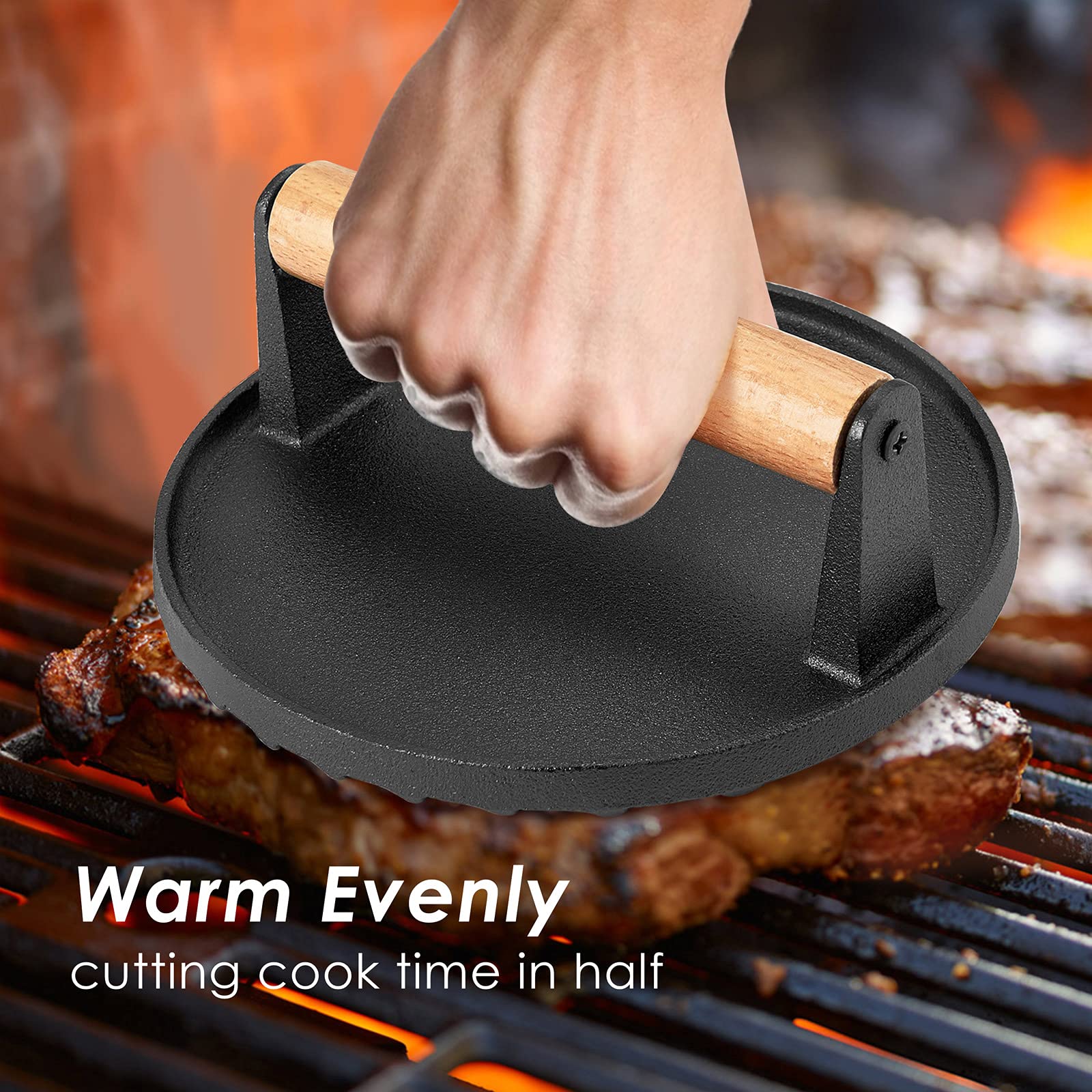 Heavy Duty Round Cast Iron Grill Burger Press Pre-Seasoned Steak Griddle BBQ Grilling V324-TSD-BBPRESRD