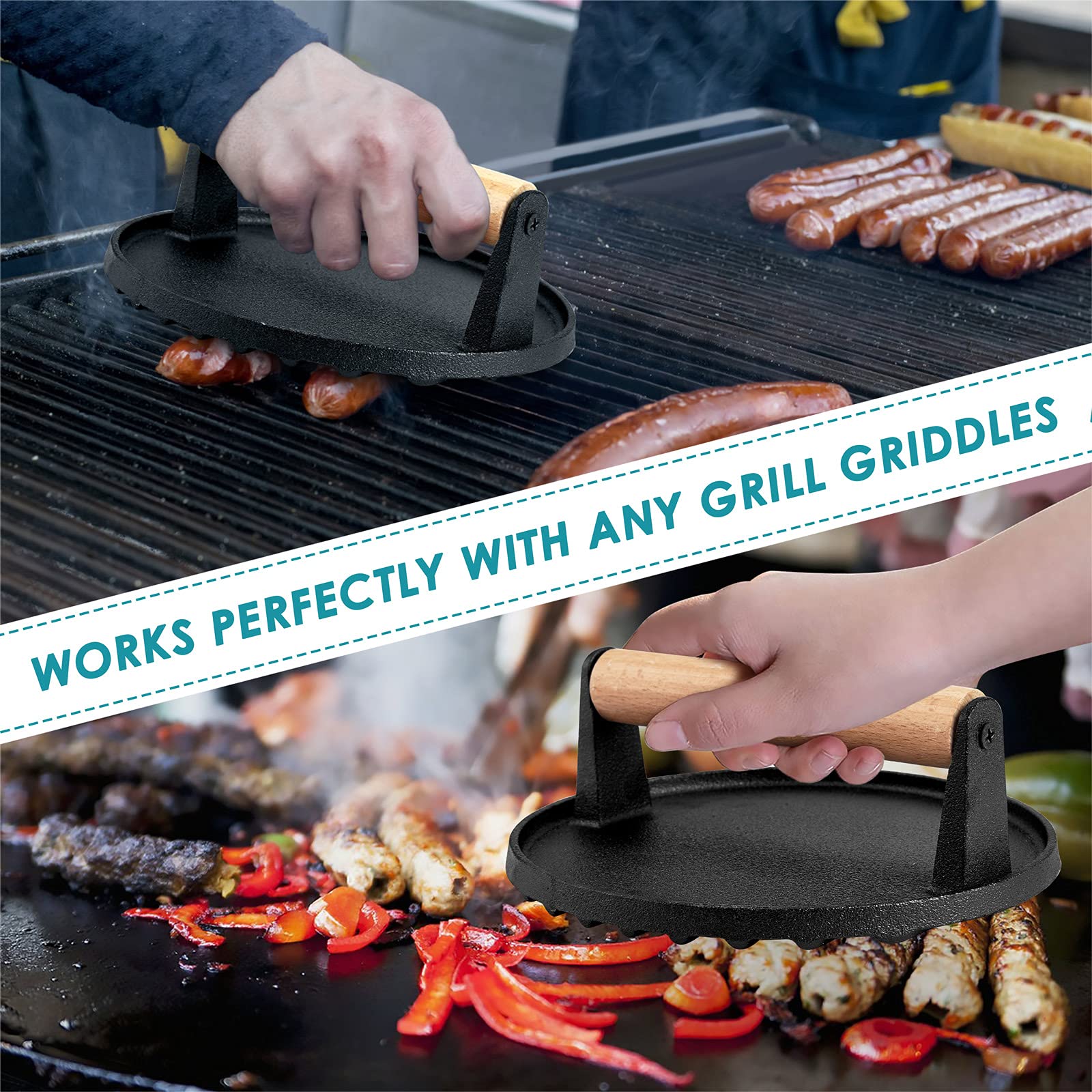 Heavy Duty Round Cast Iron Grill Burger Press Pre-Seasoned Steak Griddle BBQ Grilling V324-TSD-BBPRESRD