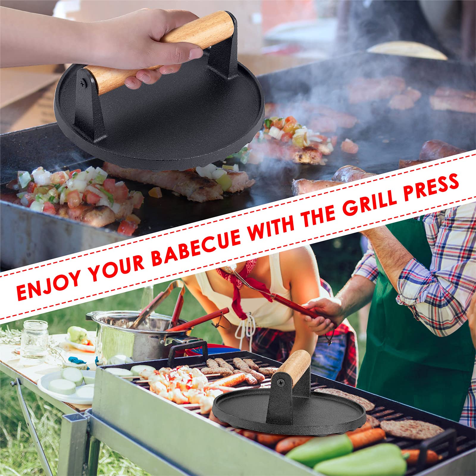 Heavy Duty Round Cast Iron Grill Burger Press Pre-Seasoned Steak Griddle BBQ Grilling V324-TSD-BBPRESRD