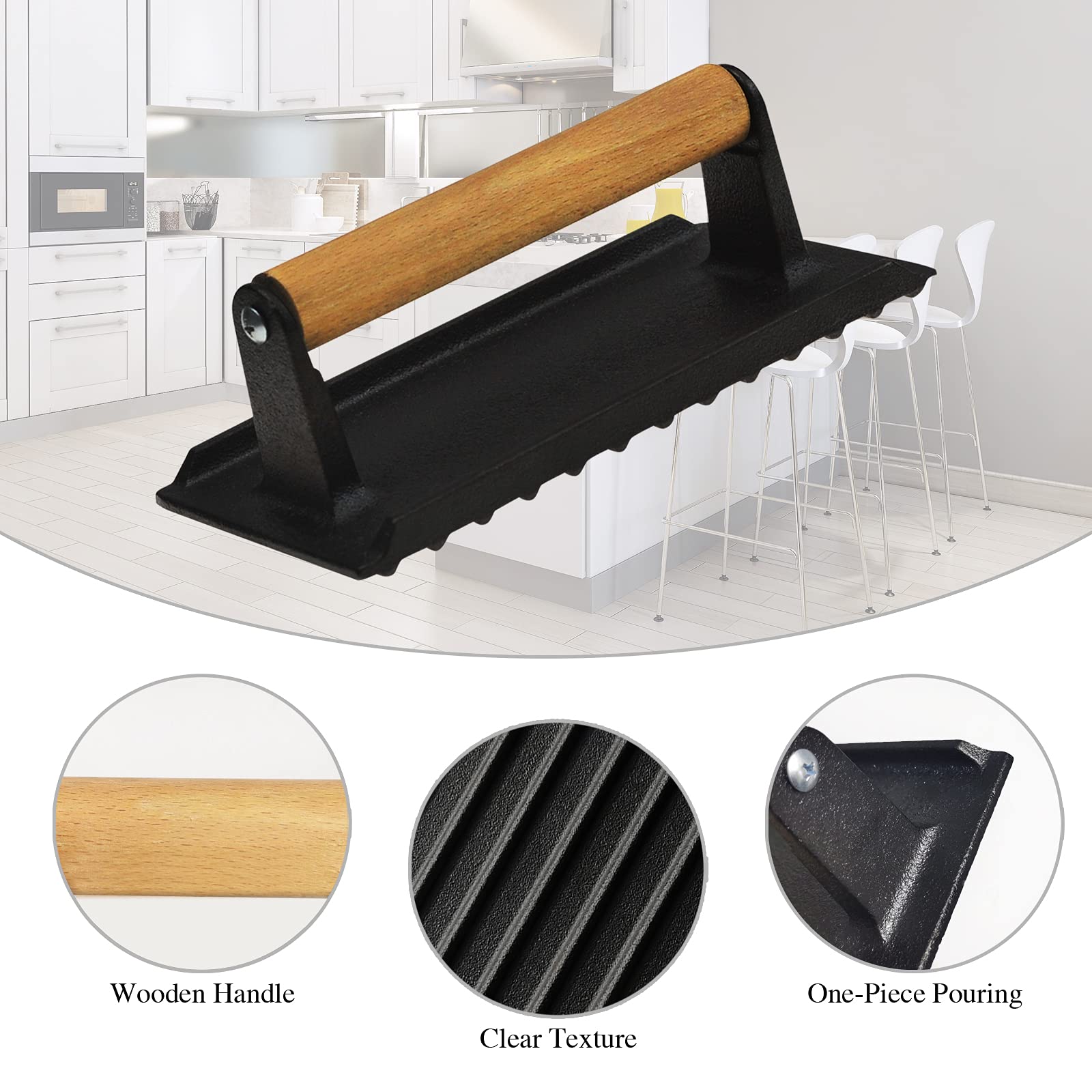 Heavy Duty Rectangular Cast Iron Grill Burger Press Pre-Seasoned Steak Griddle BBQ Grilling V324-TSD-BBPRESSQ
