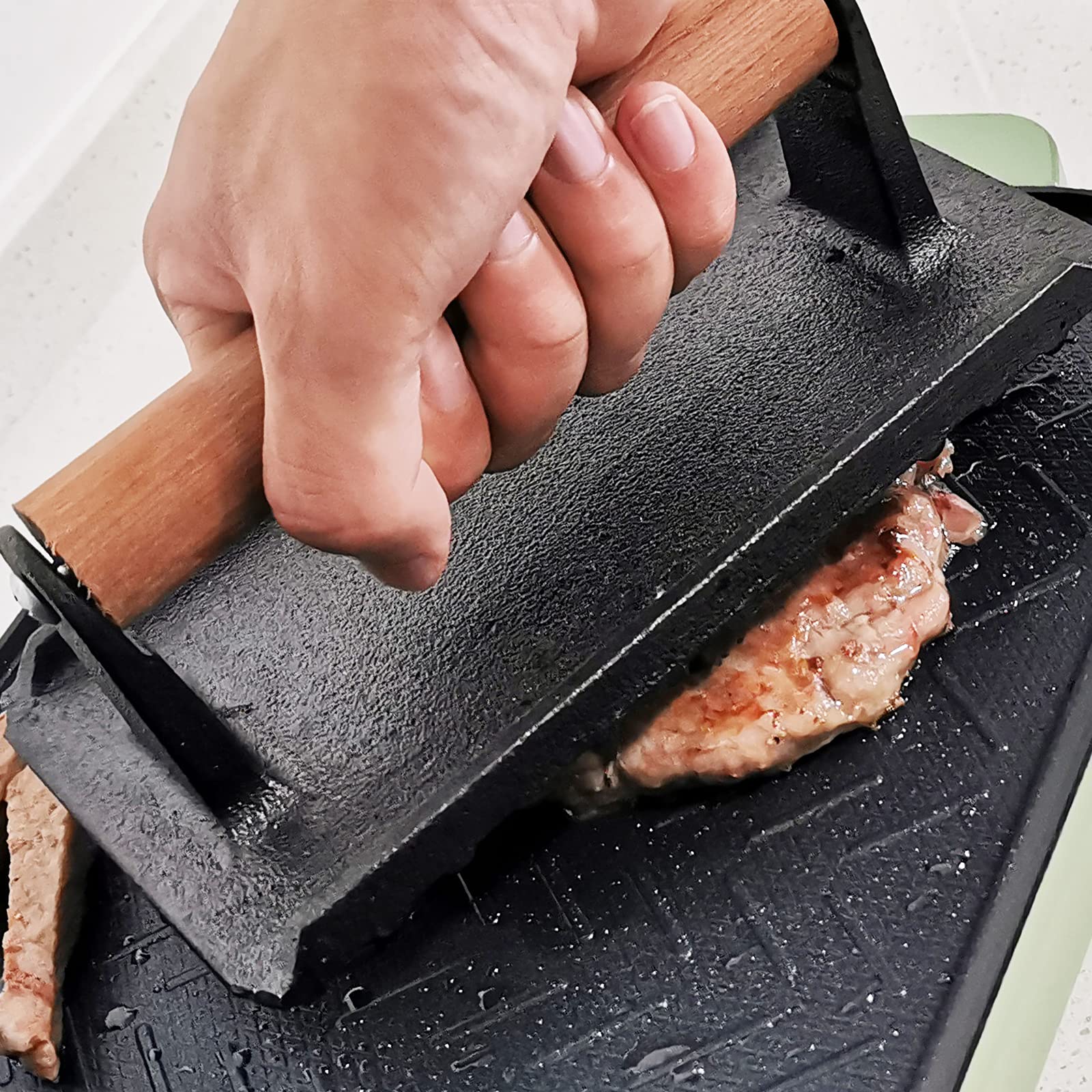 Heavy Duty Rectangular Cast Iron Grill Burger Press Pre-Seasoned Steak Griddle BBQ Grilling V324-TSD-BBPRESSQ