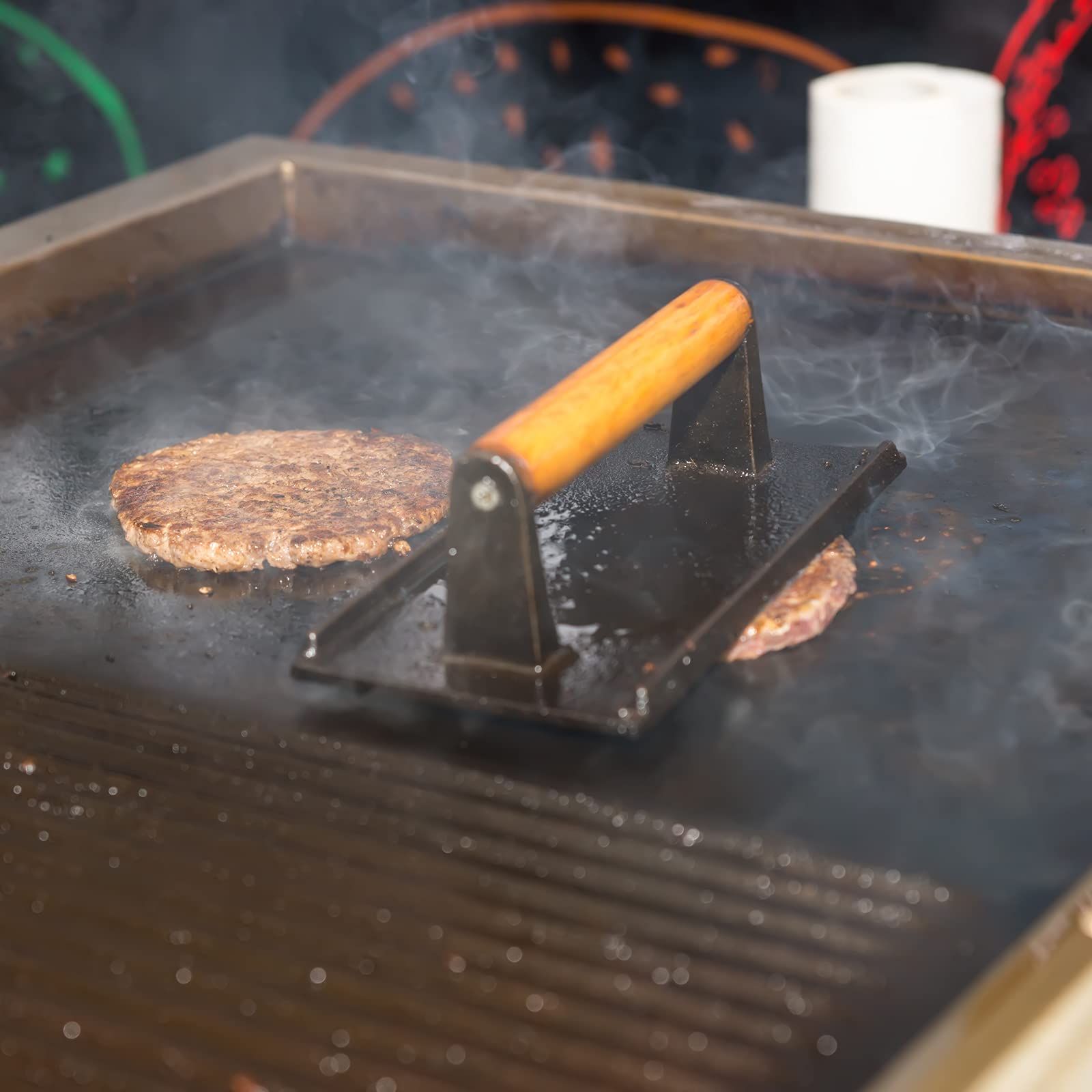 Heavy Duty Rectangular Cast Iron Grill Burger Press Pre-Seasoned Steak Griddle BBQ Grilling V324-TSD-BBPRESSQ