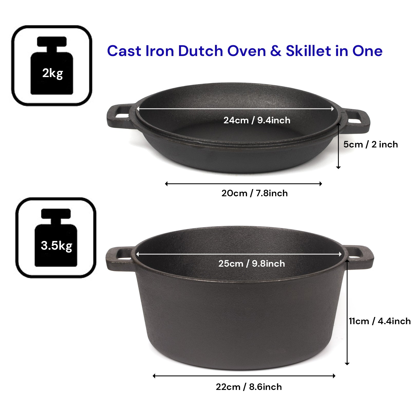 26cm 2-in-1 Cast Iron Dutch Oven & Skillet Set Pre-Seasoned Dual-Use Pot with Lid Fry Pan, Durable & V324-TSD-DUALPOT26CM