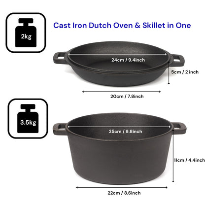 26cm 2-in-1 Cast Iron Dutch Oven & Skillet Set Pre-Seasoned Dual-Use Pot with Lid Fry Pan, Durable & V324-TSD-DUALPOT26CM