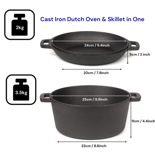 26cm 2-in-1 Cast Iron Dutch Oven & Skillet Set Pre-Seasoned Dual-Use Pot with Lid Fry Pan, Durable & V324-TSD-DUALPOT26CM