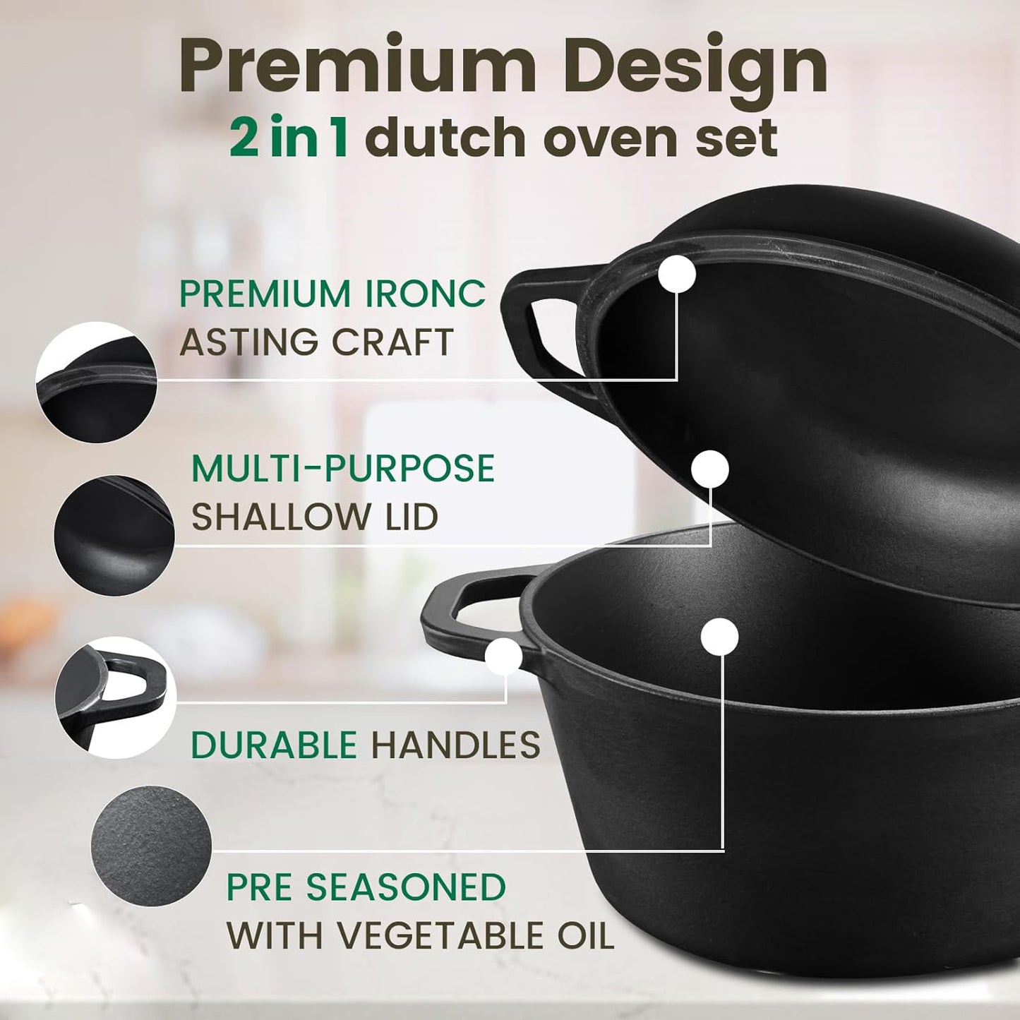 26cm 2-in-1 Cast Iron Dutch Oven & Skillet Set Pre-Seasoned Dual-Use Pot with Lid Fry Pan, Durable & V324-TSD-DUALPOT26CM