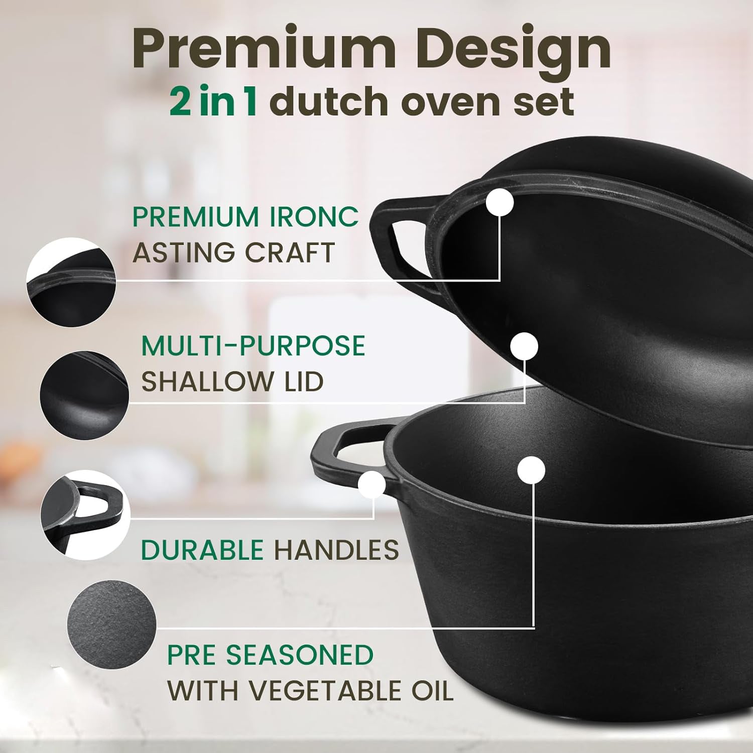 26cm 2-in-1 Cast Iron Dutch Oven & Skillet Set Pre-Seasoned Dual-Use Pot with Lid Fry Pan, Durable & V324-TSD-DUALPOT26CM