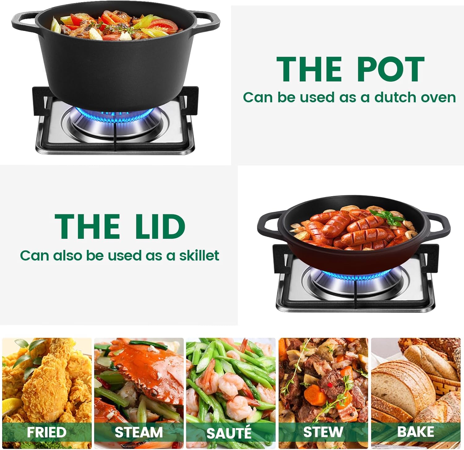 26cm 2-in-1 Cast Iron Dutch Oven & Skillet Set Pre-Seasoned Dual-Use Pot with Lid Fry Pan, Durable & V324-TSD-DUALPOT26CM