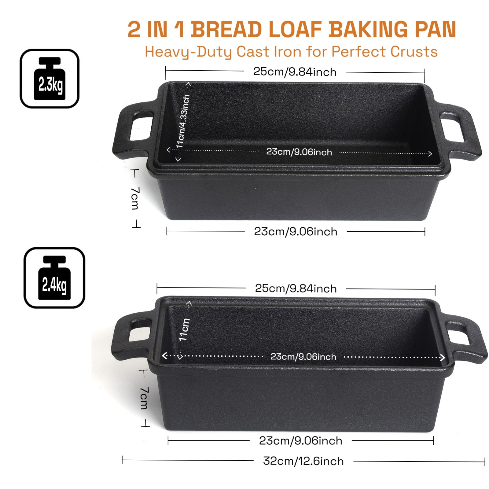 2-in-1 Cast Iron Bread Loaf Pan Tin with Lid Dual Use Baking Dish with Ergonomic Handles, Pre-Seasoned for V324-TSD-DULBREPOT