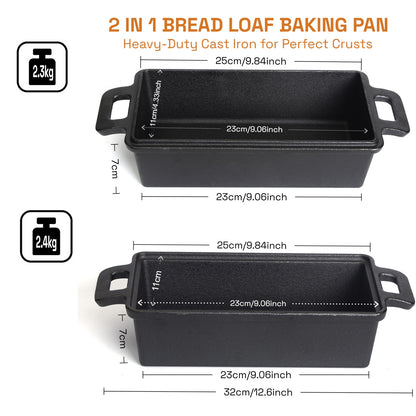 2-in-1 Cast Iron Bread Loaf Pan Tin with Lid Dual Use Baking Dish with Ergonomic Handles, Pre-Seasoned for V324-TSD-DULBREPOT