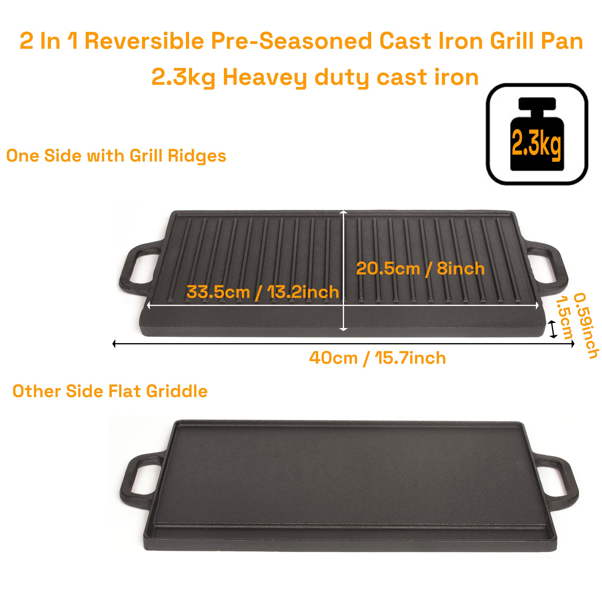 40 cm Reversible Cast Iron Grill & Griddle -Dual-Sided (Flat & Ribbed), Pre-Seasoned, Handles, for Stove-Top V324-TSD-FLATBBQ40CM