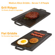 40 cm Reversible Cast Iron Grill & Griddle -Dual-Sided (Flat & Ribbed), Pre-Seasoned, Handles, for Stove-Top V324-TSD-FLATBBQ40CM