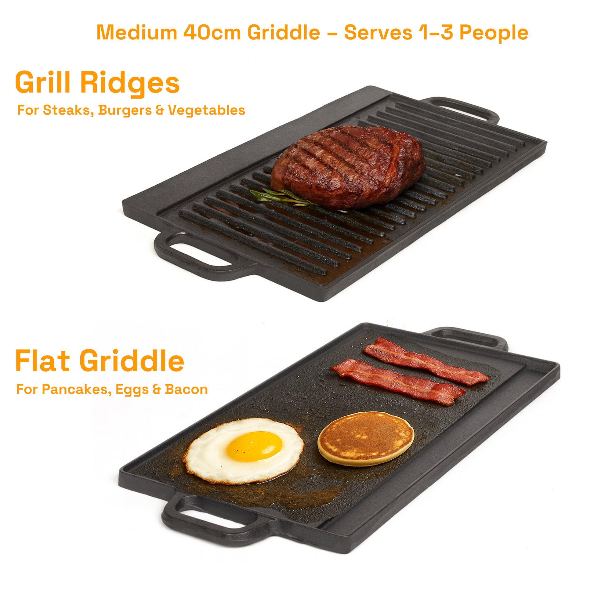 40 cm Reversible Cast Iron Grill & Griddle -Dual-Sided (Flat & Ribbed), Pre-Seasoned, Handles, for Stove-Top V324-TSD-FLATBBQ40CM