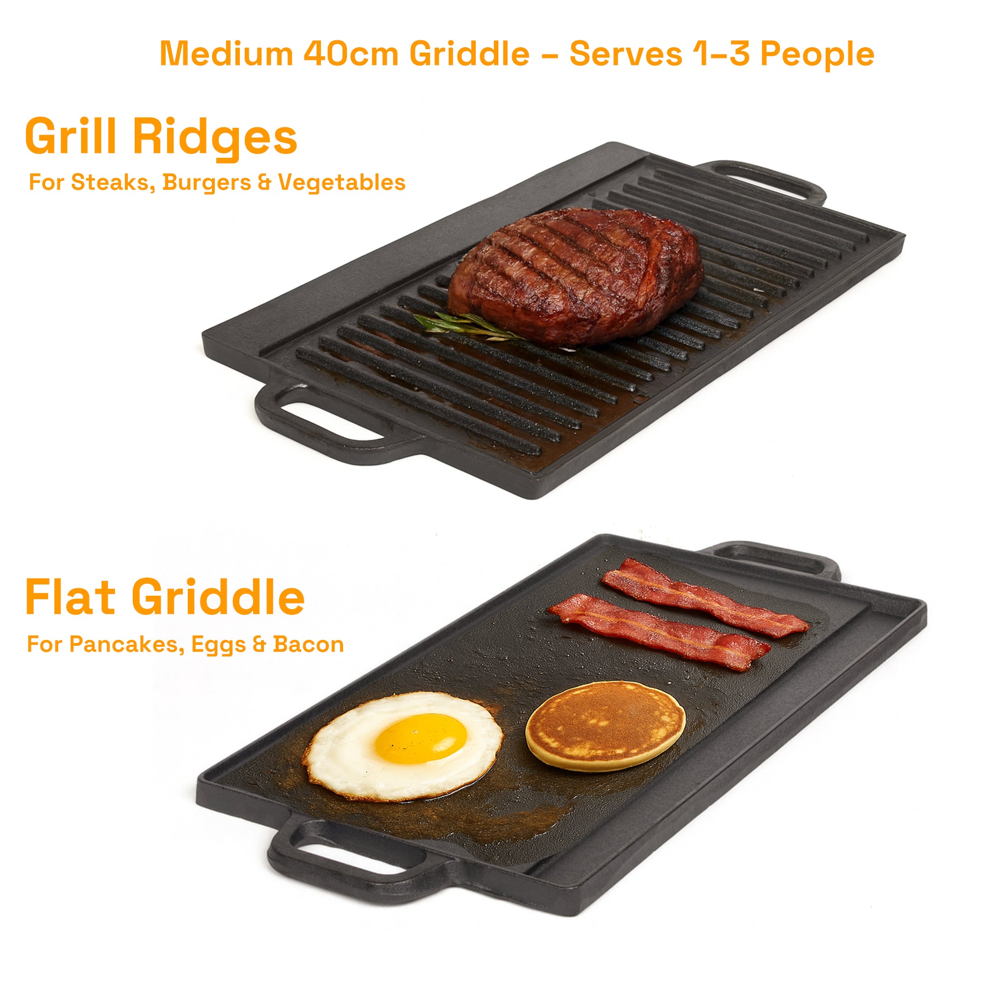 40 cm Reversible Cast Iron Grill & Griddle -Dual-Sided (Flat & Ribbed), Pre-Seasoned, Handles, for Stove-Top V324-TSD-FLATBBQ40CM