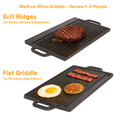 40 cm Reversible Cast Iron Grill & Griddle -Dual-Sided (Flat & Ribbed), Pre-Seasoned, Handles, for Stove-Top V324-TSD-FLATBBQ40CM