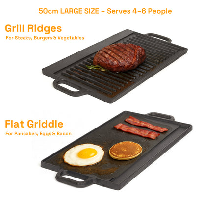 50 cm Reversible Cast Iron Grill & Griddle -Dual-Sided (Flat & Ribbed), Pre-Seasoned, Handles, for Stove-Top V324-TSD-FLATBBQ50CM