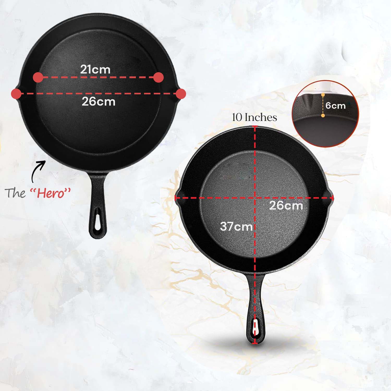 10inch 26cm Cast Iron Skillet Cookware Chef Quality Pre-Seasoned Pan Pans V324-TSD-FRPAN25CM