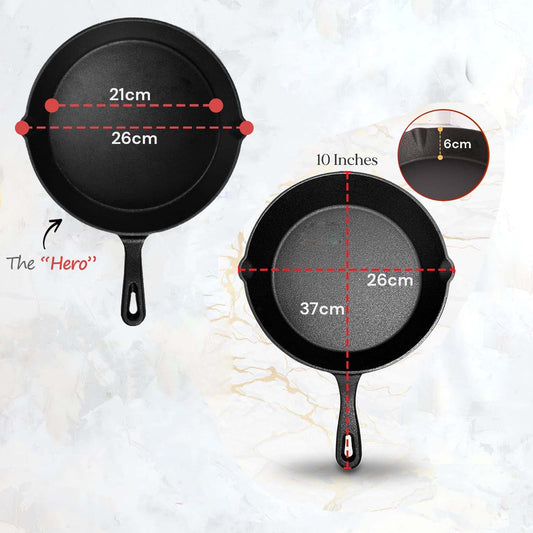 10inch 26cm Cast Iron Skillet Cookware Chef Quality Pre-Seasoned Pan Pans V324-TSD-FRPAN25CM