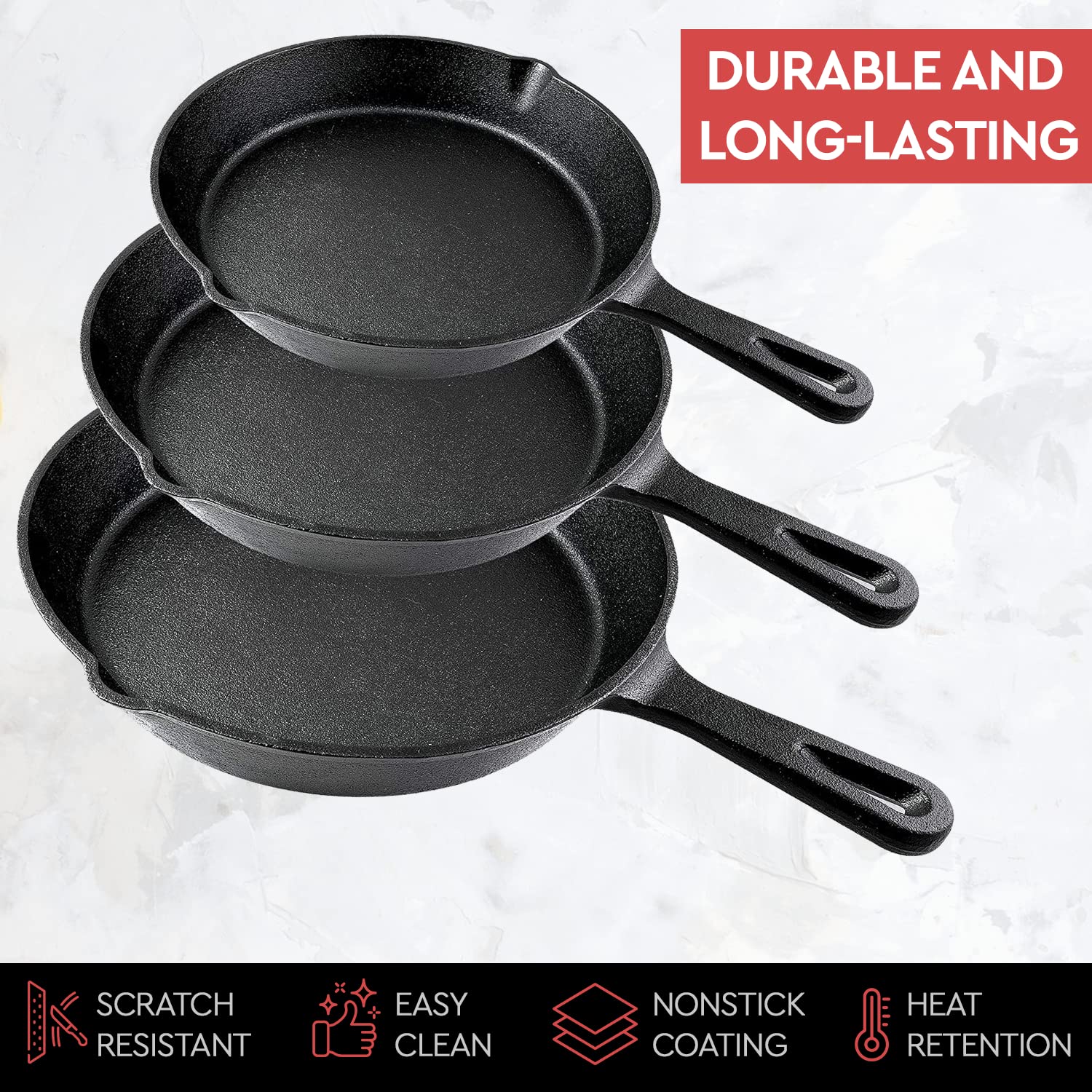 Cast Iron Skillet Cookware 3-Piece Set Chef Quality Pre-Seasoned Pan 10" 8" 6" Pans V324-TSD-FRPANSET