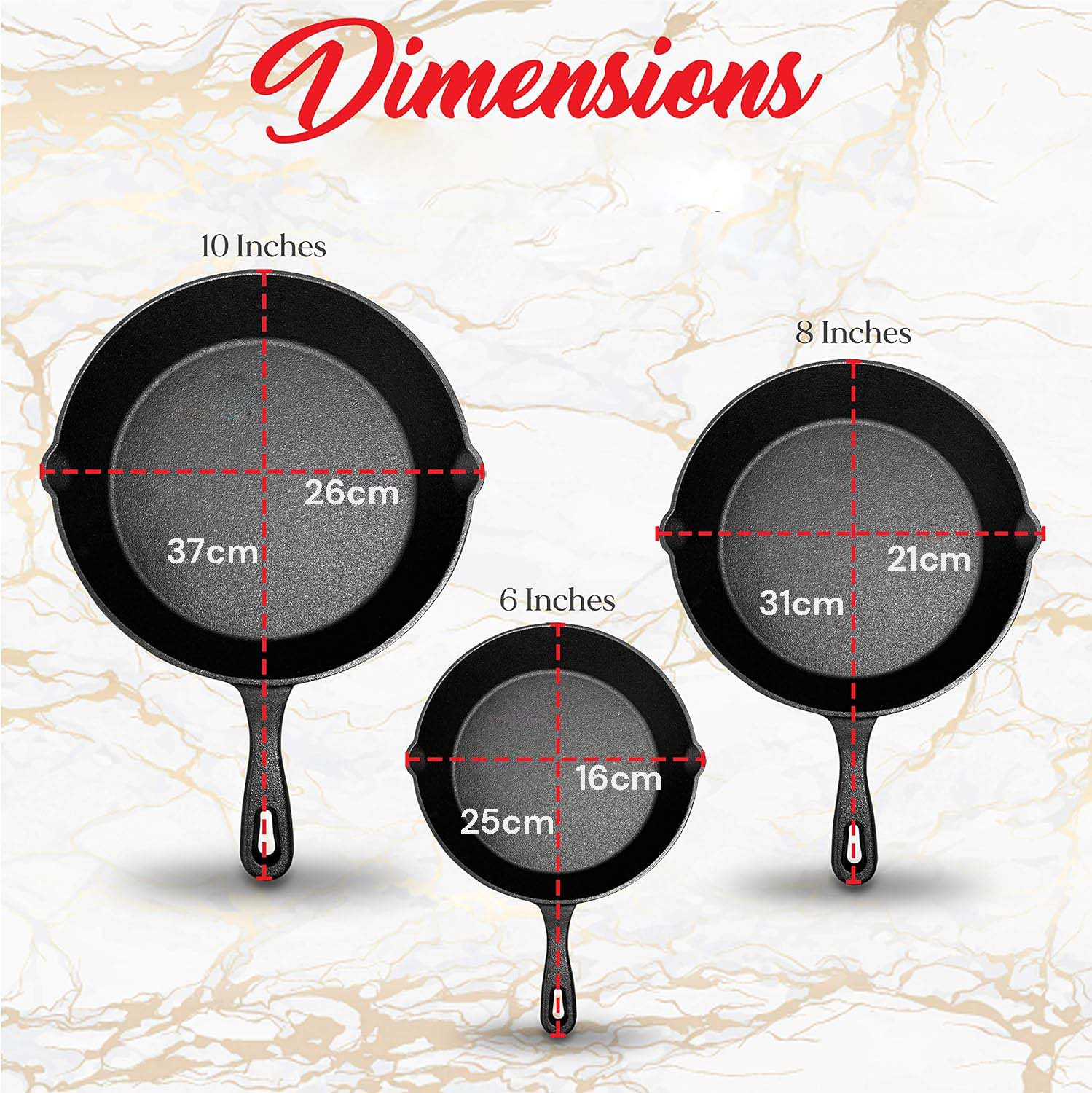 Cast Iron Skillet Cookware 3-Piece Set Chef Quality Pre-Seasoned Pan 10" 8" 6" Pans V324-TSD-FRPANSET